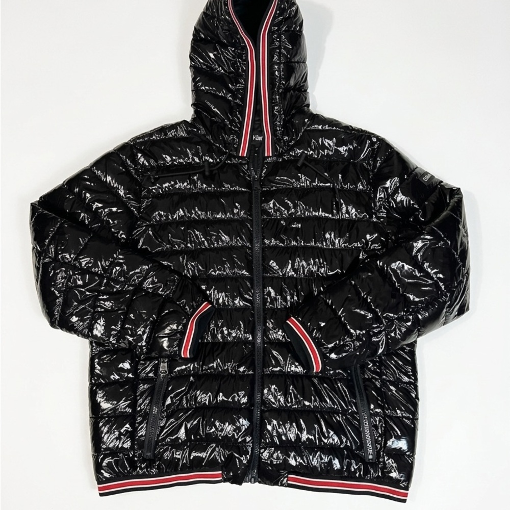 Calvin Klein Black Shiny Puffer Bomber Jacket with Red-Trim